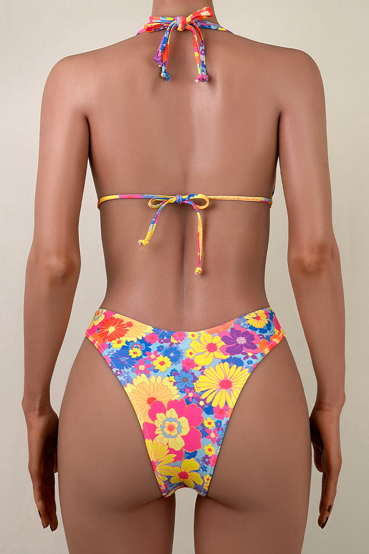 Sexy Floral Print High Leg Brazilian Cheeky Slide Triangle Halter Bikini Set