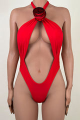 Sexy High Leg Cheeky Backless Cutout Rosette Halter One Piece Swimsuit