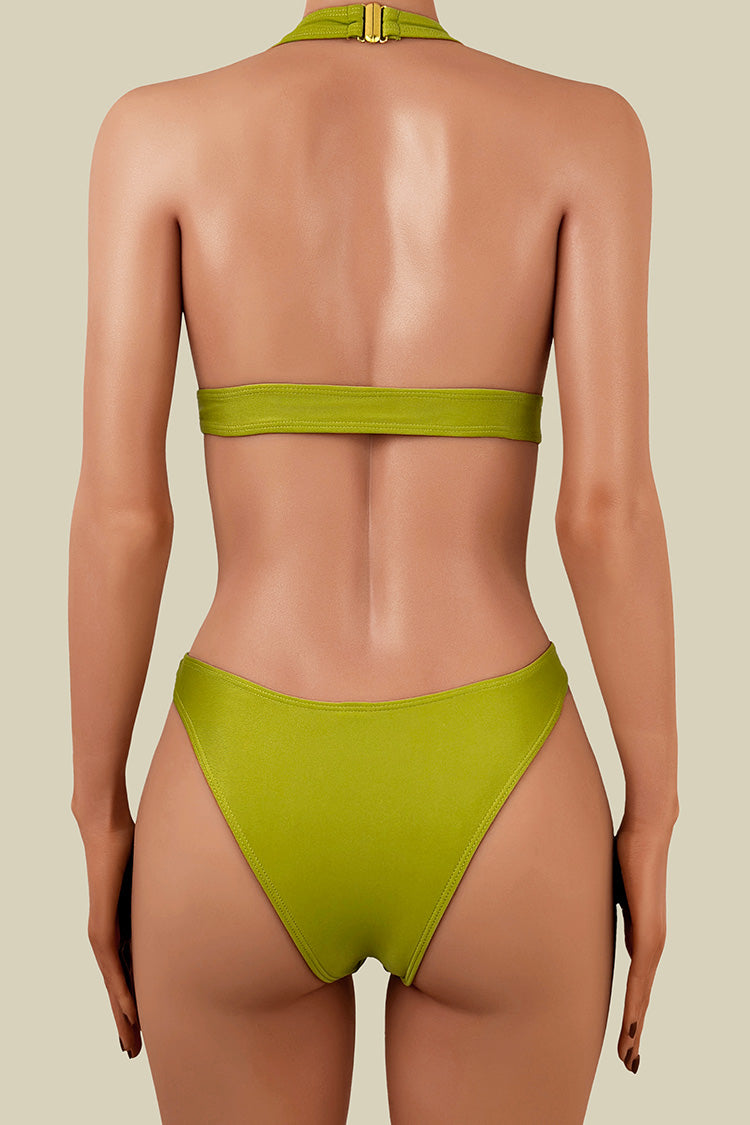 Sexy Metal Hardware High Cut Brazilian Cheeky Deep V Halter Bikini Set