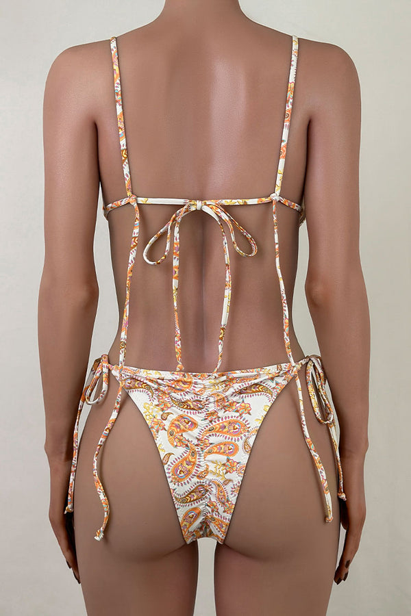 Sexy Paisley Print O Ring Strappy Scrunch Cheeky Micro Triangle Bikini Set