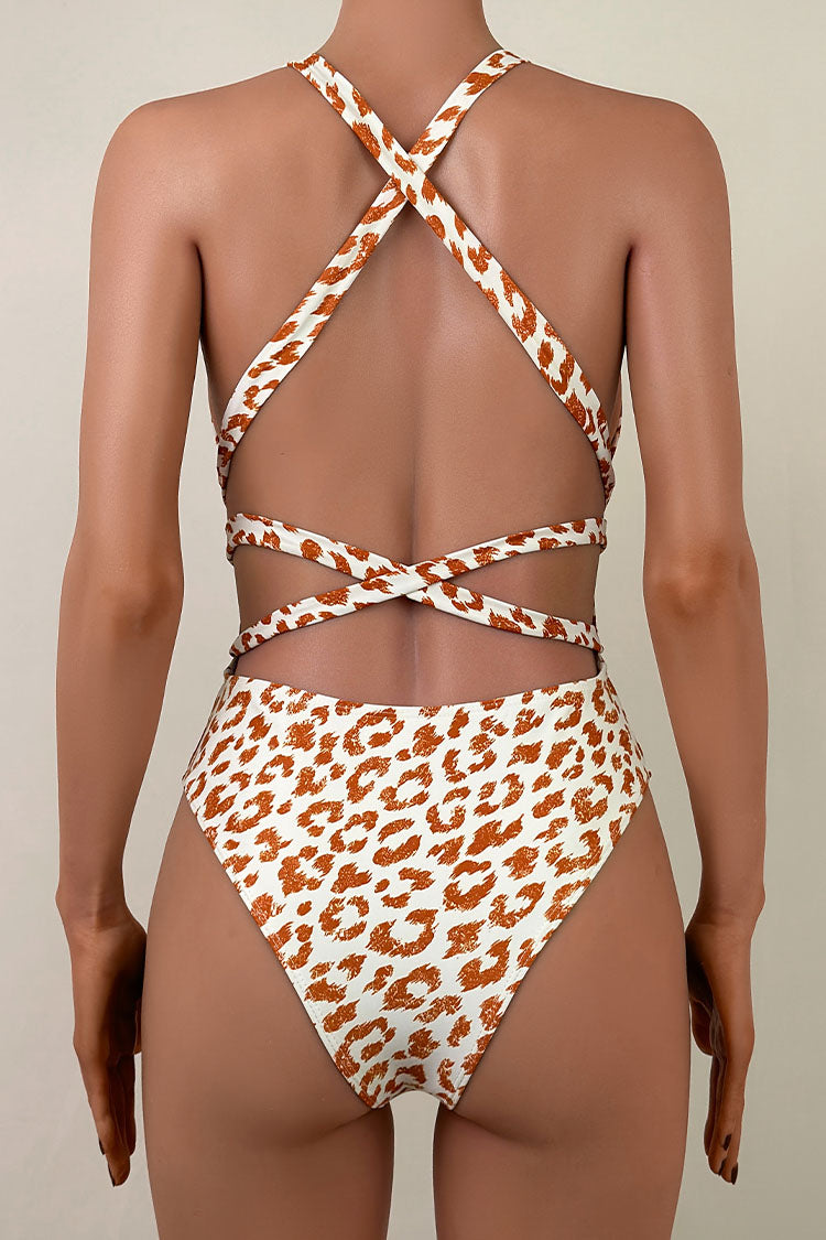 Sexy Printed Deep V Low Back Wrap Knot Moderate Cheeky One Piece Swimsuit