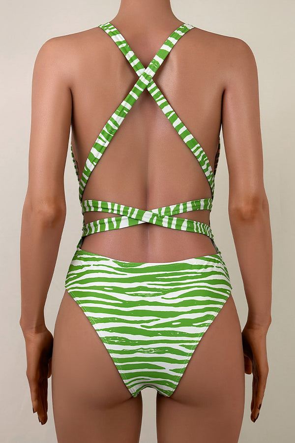 Sexy Printed Deep V Low Back Wrap Knot Moderate Cheeky One Piece Swimsuit