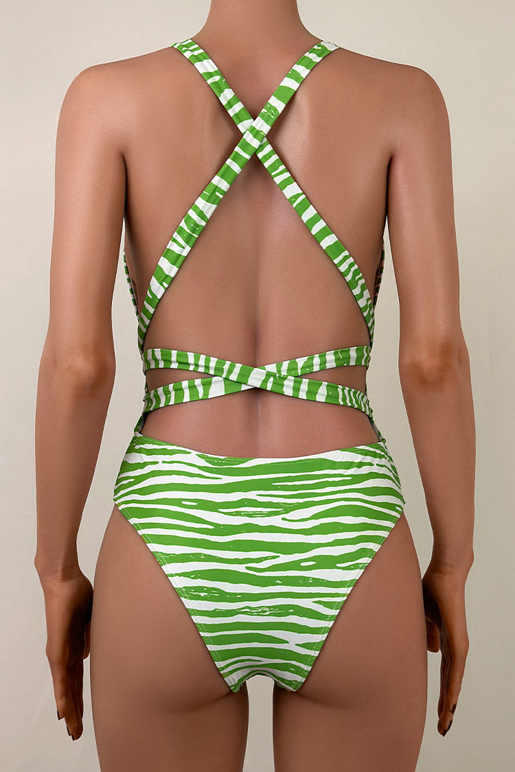 Sexy Printed Deep V Low Back Wrap Knot Moderate Cheeky One Piece Swimsuit