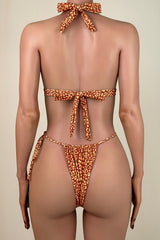 Sexy Printed Tie String Brazilian Cheeky Halter Slide Triangle Bikini Set