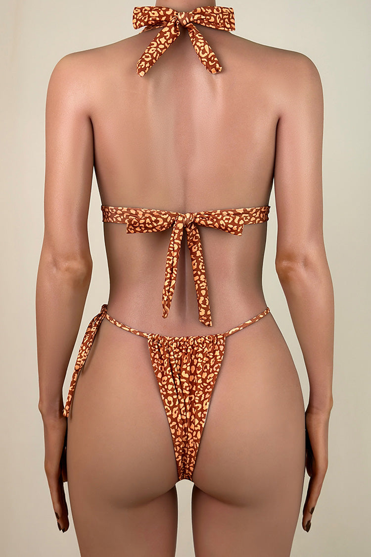 Sexy Printed Tie String Brazilian Cheeky Halter Slide Triangle Bikini Set