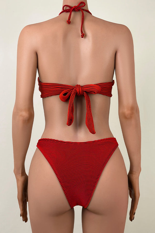 Sexy Ribbed Faux Pearl Metal Detail High Cut Brazilian Cheeky Halter Bikini Set