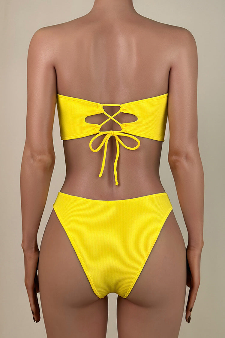 Sexy Ribbed High Leg Brazilian Cheeky Cutout Lace Up Tie String Bandeau Bikini Set