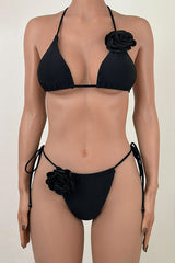 Sexy Rosette Tie String Brazilian Cheeky Ruched Halter Triangle Bikini Set