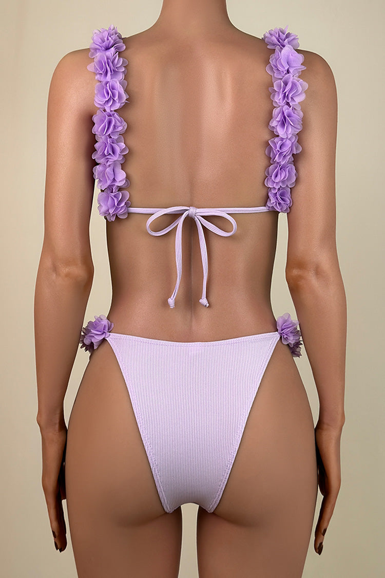 Sexy Ruffled Trim Ribbed Brazilian Cheeky Tie String Slide Triangle Bikini Set