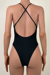 Sexy Solid Deep V Neck Open Back Brazilian Cheeky One Piece Swimsuit