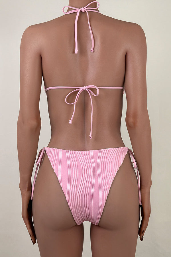 Sexy Tie String Brazilian Cheeky Textured Slide Triangle Halter Bikini Set