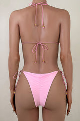 Sexy Tiny Tie Strappy Bead Scrunch Cheeky Micro Halter Triangle Bikini Set