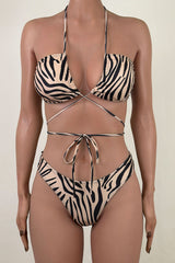 Sexy Zebra Print Ruched Sarong High Leg Cheeky Wrap Halter Bikini Set