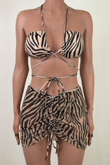 Sexy Zebra Print Ruched Sarong High Leg Cheeky Wrap Halter Bikini Set