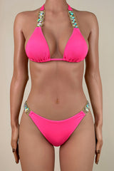 Shiny Crystal Strap Ribbed Brazilian Cheeky Scrunch Halter Slide Triangle Bikini Set