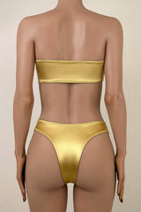 Silky Satin High Leg Brazilian Cheeky Metallic U Ring Bandeau Bikini Set