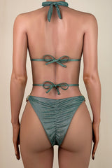 Sparkly Gemstone Brazilian Cheeky Scrunch Strappy Halter Slide Triangle Bikini Set
