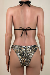 Sparkly Gemstone Leopard Print Brazilian Cheeky Halter Slide Triangle Bikini Set