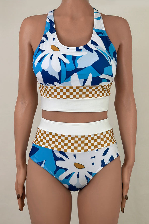 Sunfloral Gingham High Waist Moderate Racerback Cutout Crop Bikini Set