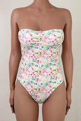 Sweet Floral Print Moderate Scrunch Bow Trim Bandeau One Piece Swimsuit