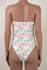 Sweet Floral Print Moderate Scrunch Bow Trim Bandeau One Piece Swimsuit