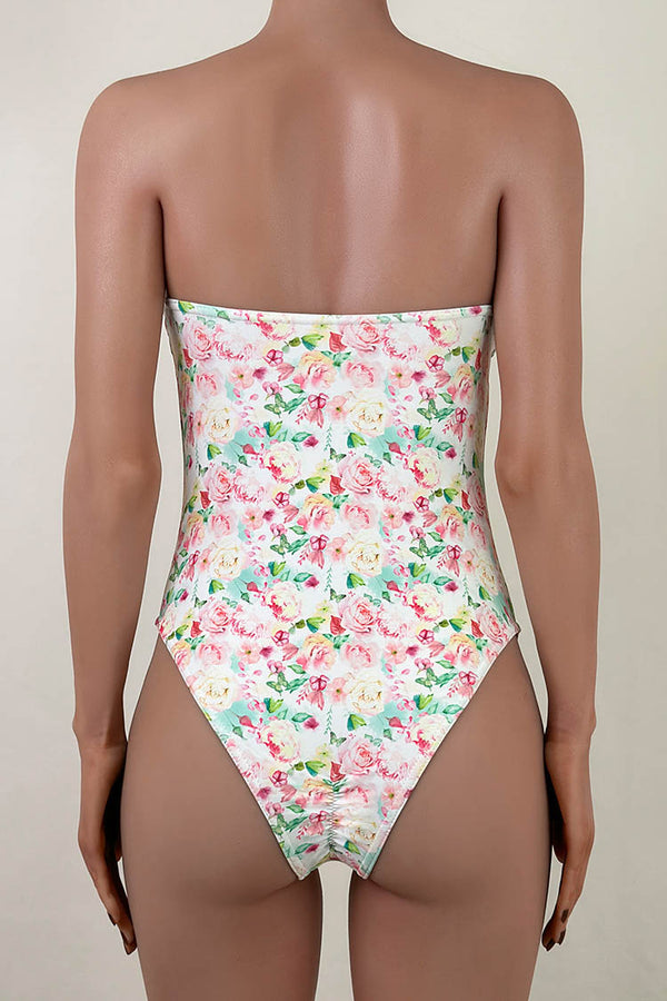 Sweet Floral Print Moderate Scrunch Bow Trim Bandeau One Piece Swimsuit