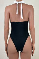 Vintage Contrast Bow High Leg Cheeky Plunge Halter One Piece Swimsuit