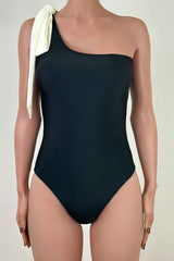 Vintage Contrast Bow Tie One Shoulder Moderate One Piece Swimsuit