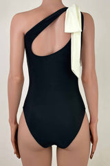 Vintage Contrast Bow Tie One Shoulder Moderate One Piece Swimsuit