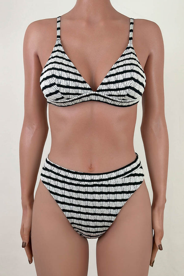 Vintage Striped High Waist Brazilian Cheeky Shirred Triangle Bikini Set