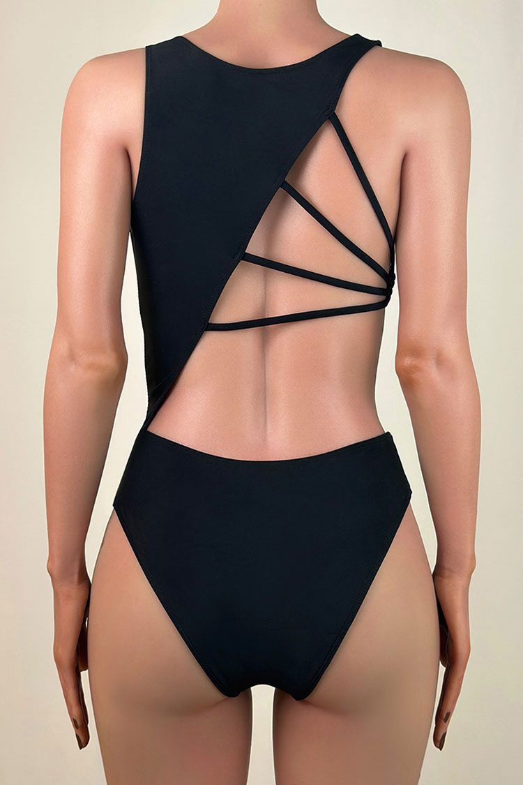 Asymmetric Cutout Strappy Open Back High Cut Brazilian Cheeky One Piece Swimsuit
