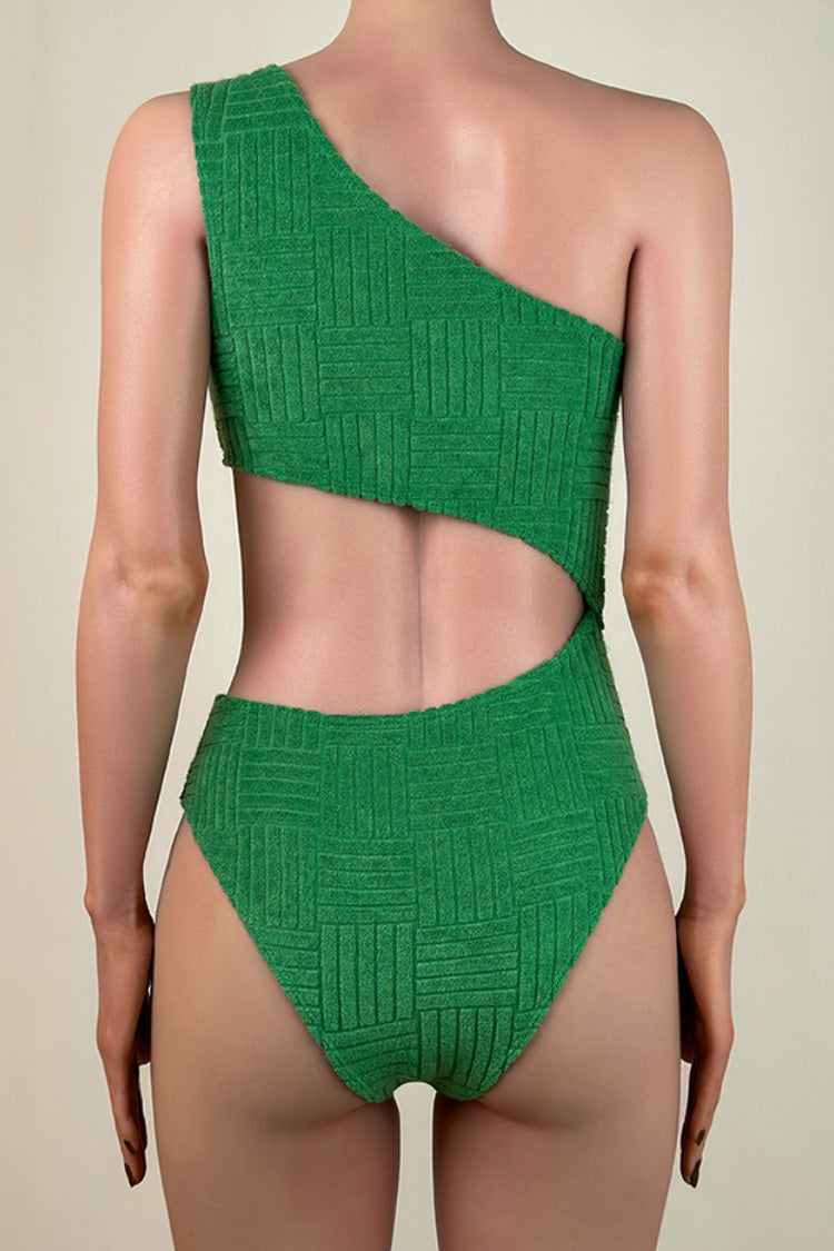 Asymmetric One Shoulder Cutout Brazilian Cheeky Textured Terry One Piece Swimsuit
