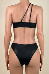 Asymmetric Snake Print Brazilian Cheeky Gold Tone Hardware One Shoulder Bikini Set