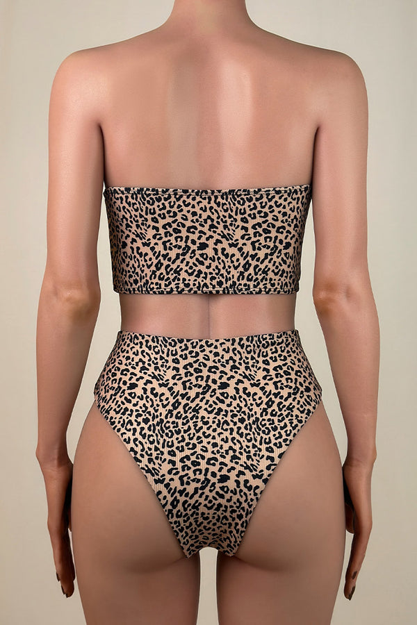 Classic Leopard Print Mid Waist Brazilian Cheeky Bandeau Bikini Set