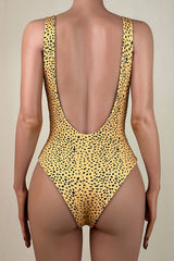 Classic Ribbed Leopard Print Low Back Scoop Neck Brazilian Cheeky One Piece Swimsuit