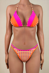 Colorful Contrast Striped String Brazilian Cheeky Halter Slide Triangle Bikini Set
