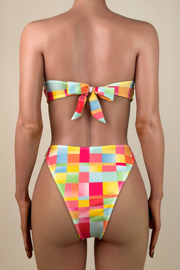 Colorful Gingham Print High Leg Brazilian Cheeky O Ring Bandeau Bikini Set