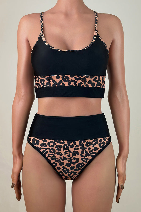 Contrast Leopard Print High Waist Brazilian Cheeky Cropped Bikini Set