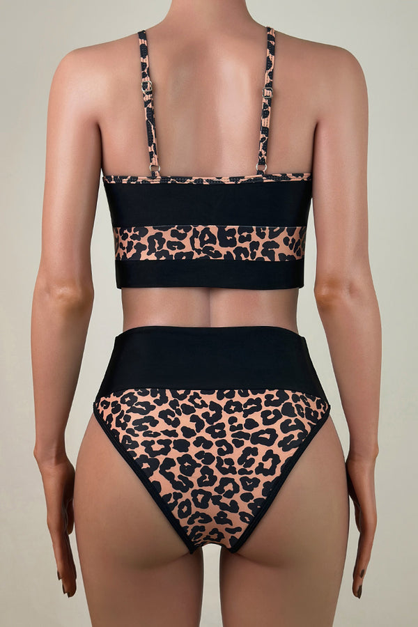 Contrast Leopard Print High Waist Brazilian Cheeky Cropped Bikini Set