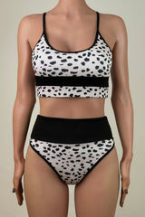 Contrast Leopard Print Ribbed High Waist Brazilian Cheeky Cropped Bikini Set