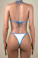 Contrast Pearl Ribbed Brazilian Cheeky Thong Tie String Halter Triangle Bikini Set