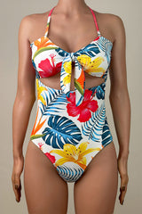 Contrast Tropical Print Cheeky Cut Out Knot Front Halter One Piece Swimsuit