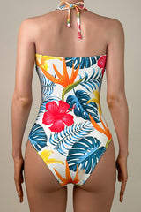 Contrast Tropical Print Cheeky Cut Out Knot Front Halter One Piece Swimsuit