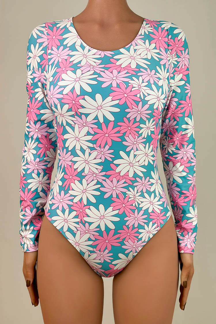 Cute Floral Print Tie Back Open Back Long Sleeve Rash Guard One Piece Swimsuit