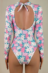 Cute Floral Print Tie Back Open Back Long Sleeve Rash Guard One Piece Swimsuit