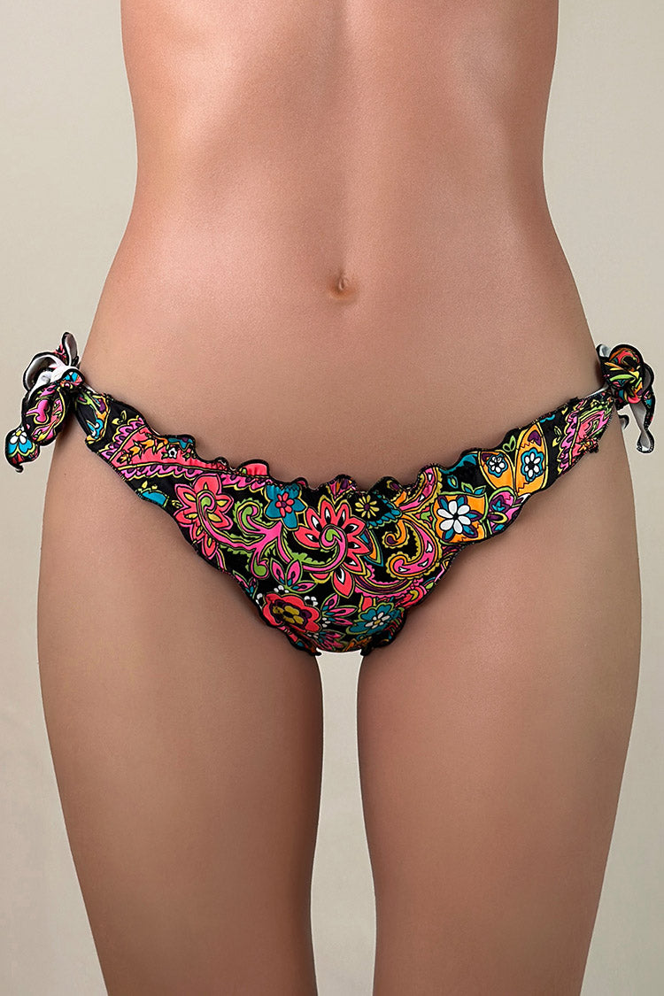 Cute Lettuce Trim Tie Strap Low Waist Brazilian Cheeky Scrunch Bikini Bottom