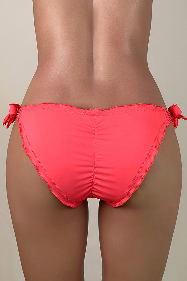 Cute Lettuce Trim Tie Strap Low Waist Brazilian Cheeky Scrunch Bikini Bottom