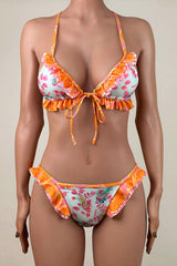 Cute Ruffle Low Waist Brazilian Cheeky String Tie Front Triangle Bikini Set
