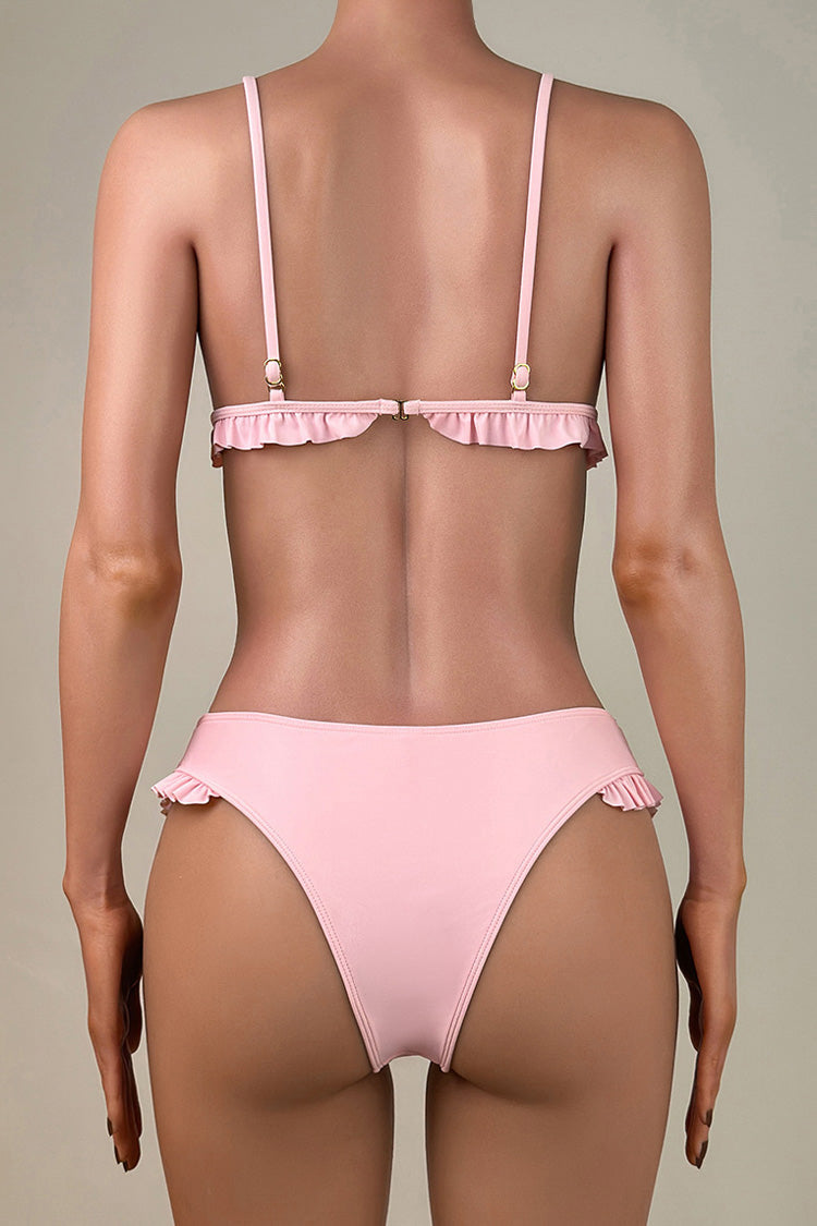 Cute Ruffle Trim Low Waist Brazilian Cheeky Bralette Bikini Set