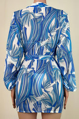 Fresh Contrast Leaf Print Long Sleeve Belted Swim Cover Up